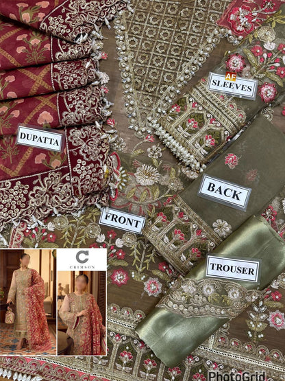 CRIMSON – Luxury Organza Embroidered 3-Piece Suit