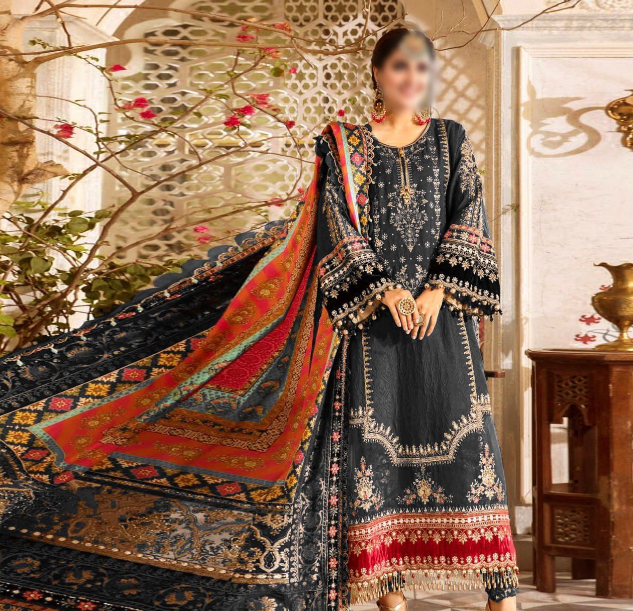 MARIA B – Chiffon Embroidered 3-Piece Suit ( BLACK)