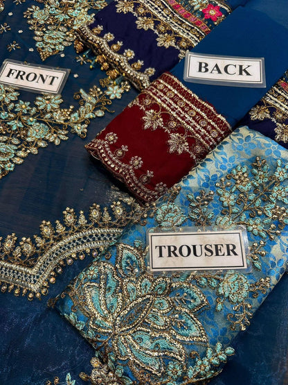 MARIA B – Chiffon Embroidered 3-Piece Suit (BLUE)