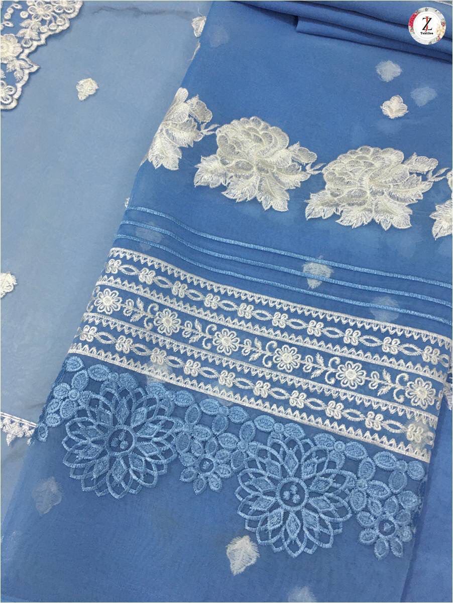 Azure Organza Suit with Thread & Sequins Embroidery
