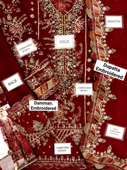 Maria.B 3-Piece Unstitched Suit (MAROON)