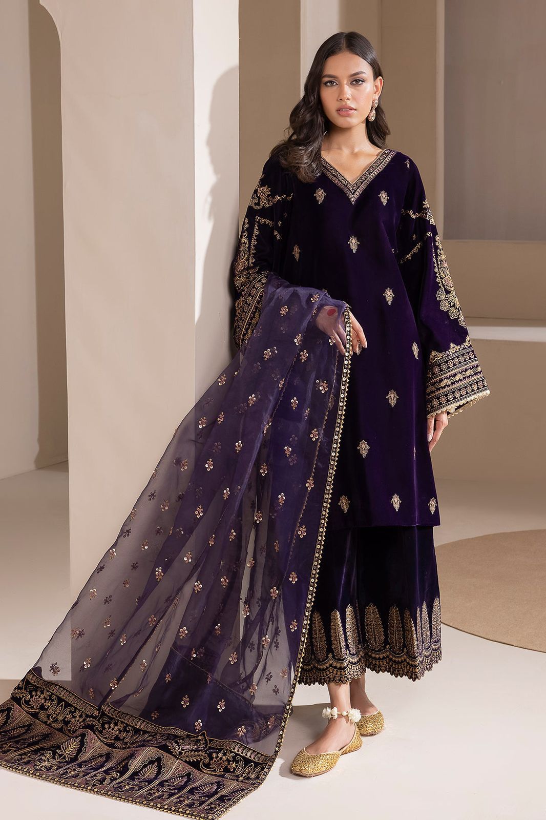 Baroque Purple Velvet Micron Embroidered Unstitched Replica