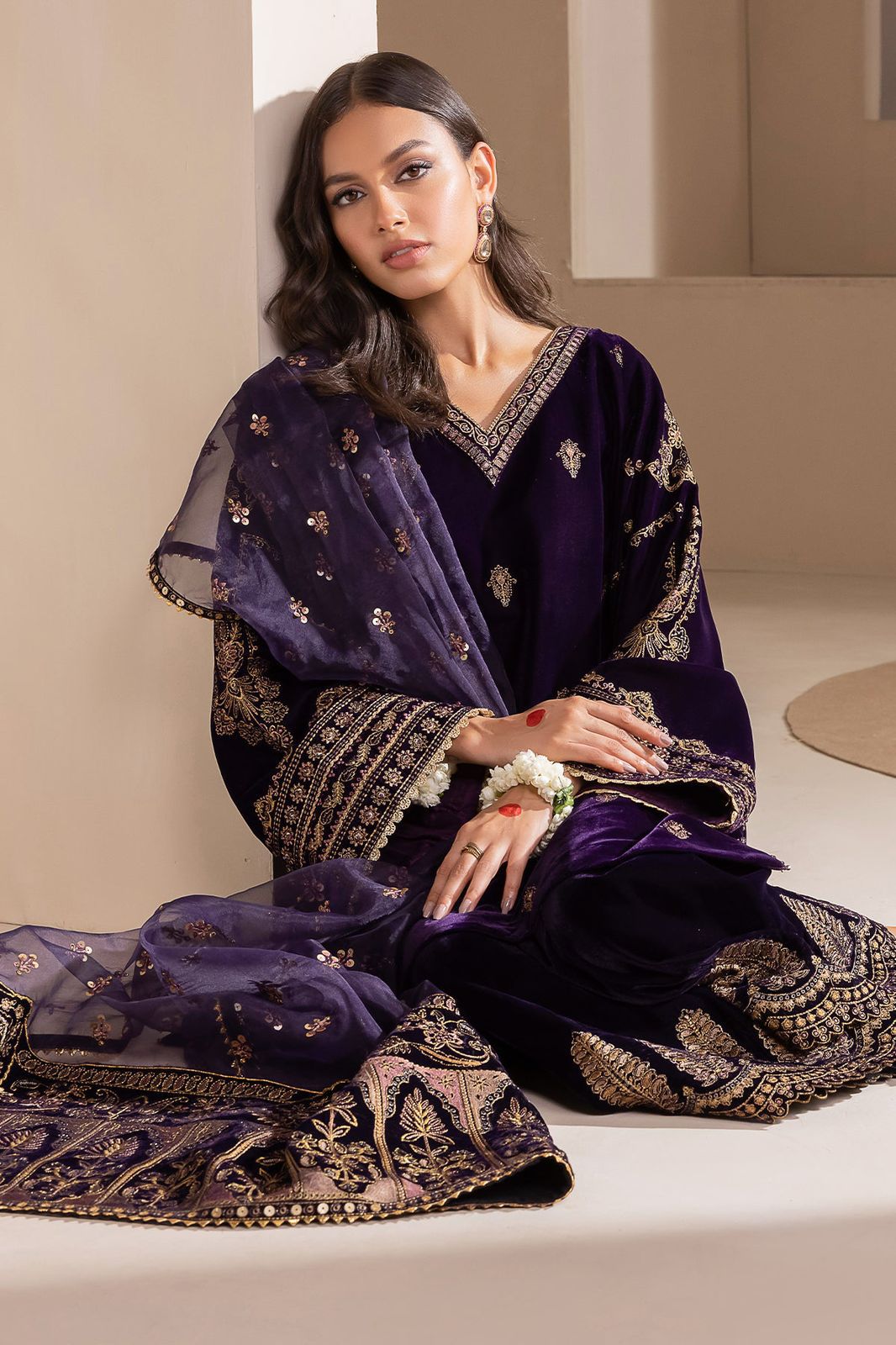 Baroque Purple Velvet Micron Embroidered Unstitched Replica